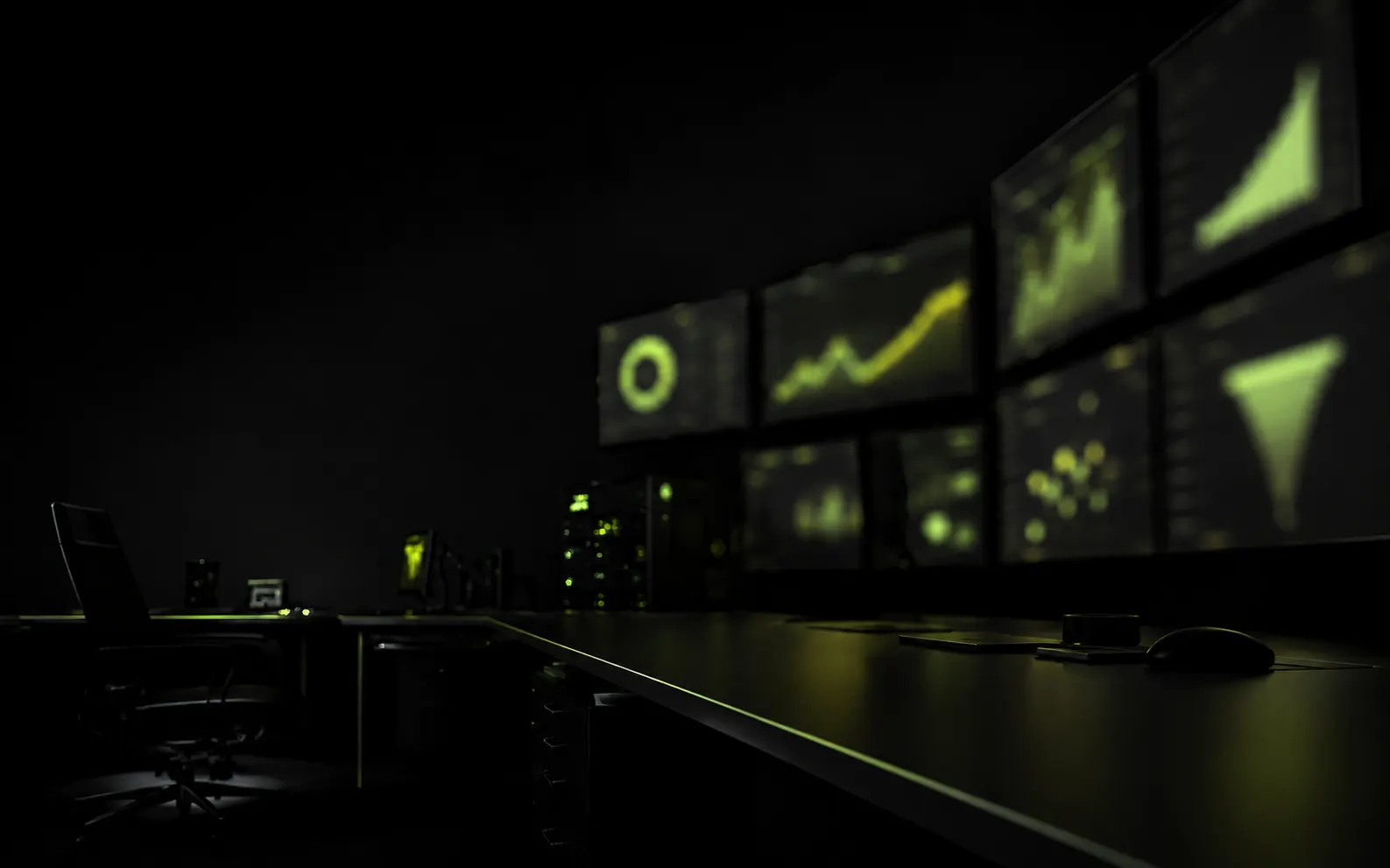 A darkened performance marketing operations room, screens showing campaign traffic, funnel and conversion trends