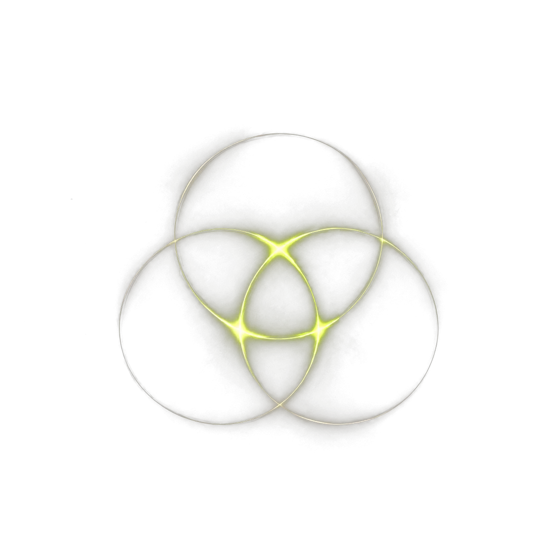 Three overlapping rings of light, brightest where all three intersect