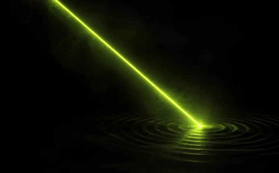 A single beam of light converging to one bright point, rippling outward on impact