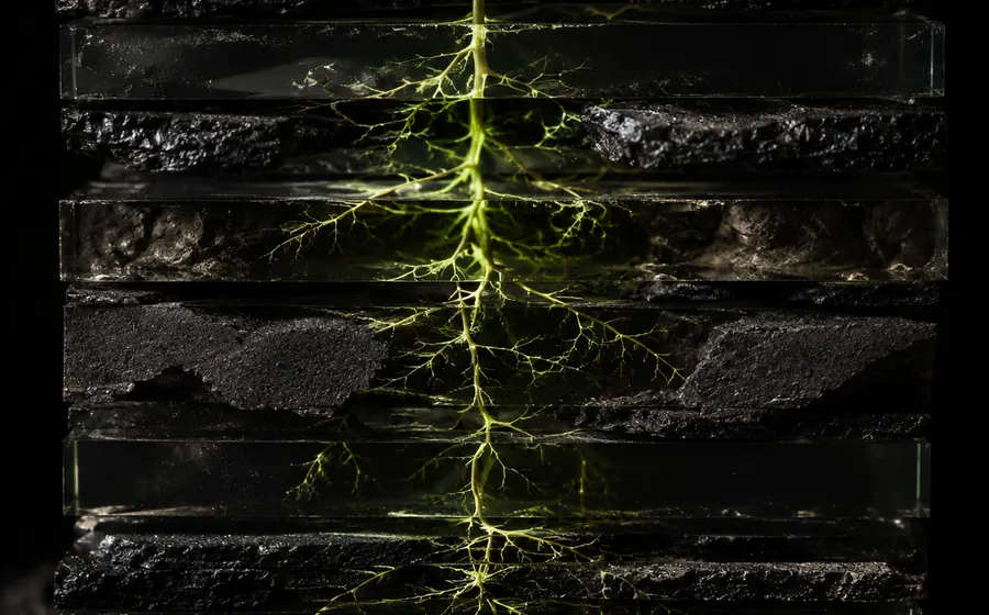 A root system branching downward through layered rock, representing compounding organic growth